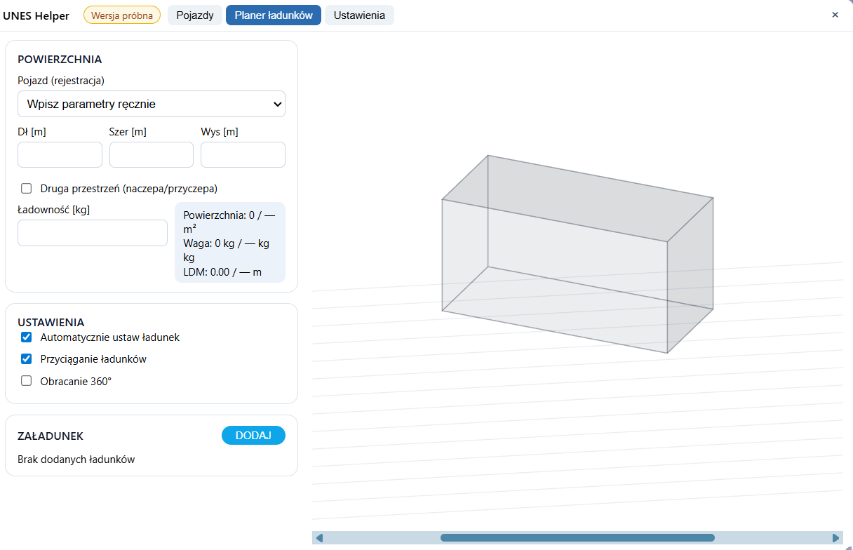 Planer ładunków 3D — podgląd